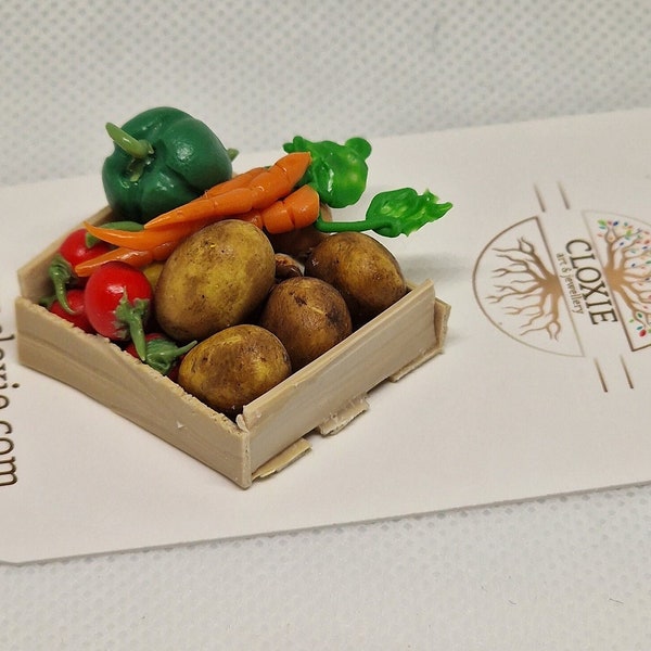 Miniature Doll House Veggie Basket - 1:12 scale - Carrots, Onions, Peppers, Tomatoes, Potatoes - Includes the crate.