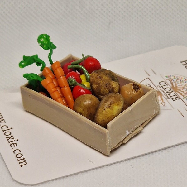 Miniature Doll House Veggie Basket - 1:12 scale - Carrots, Onions, Peppers, Tomatoes, Potatoes - Includes the crate.