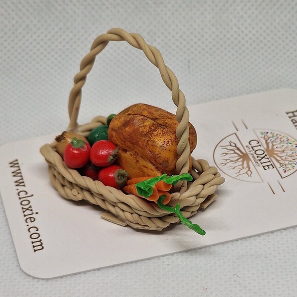 Miniature Doll House Food Bread and Veggie Basket - 1:12 scale - Carrots, Onions, Peppers, Tomatoes, Bread - Includes the Basket.