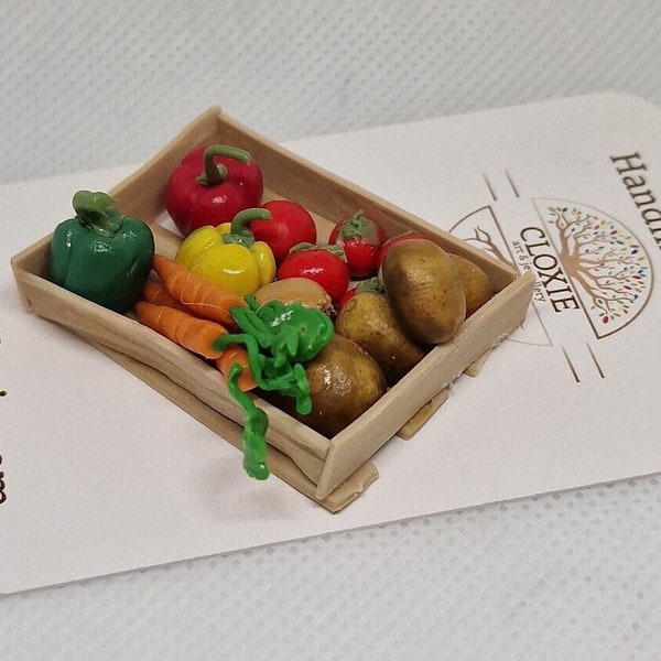 Miniature Doll House Veggie Basket - 1:12 scale - Carrots, Onions, Peppers, Tomatoes, Potatoes - Includes the crate.