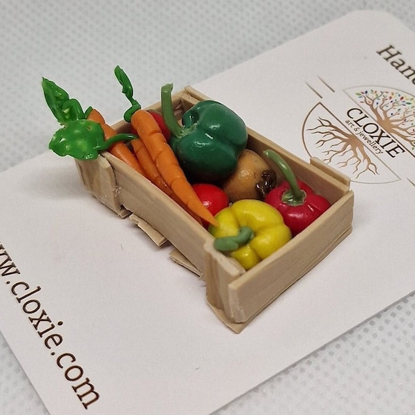 Miniature Doll House Veggie Basket - 1:12 scale - Carrots, Onions, Peppers, Tomatoes - Includes the crate.