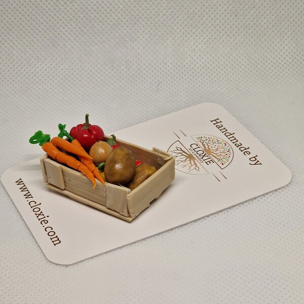 Miniature Doll House Veggie Basket - 1:12 scale - Carrots, Onions, Peppers, Tomatoes, Potatoes - Includes the crate.