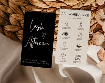 Puede incluir: Tarjeta en blanco y negro con el texto "lash ♡ Aftercare" e información de contacto para un negocio. Una segunda tarjeta con el texto "Aftercare Advice for amazing lashes" y una lista de instrucciones para el cuidado de las pestañas.
