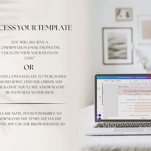 May include: A laptop screen displaying a digital document titled "Eyelash Extension" with sections for personal information and medical history. The document is on a white background with pink and purple accents. Text on the screen reads "Eyelash Extension Consent Form".