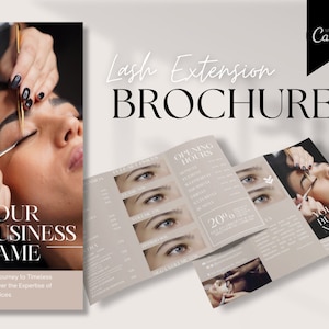 May include: A tri-fold brochure for lash extensions. The front cover features a close-up of a woman's eye with lashes being applied. The text on the cover reads "Lash Extension Brochure" and "Your Business Name". The inside of the brochure features a price list for different lash services, opening hours, and a 20% off discount offer.