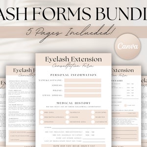 May include: A set of five printable eyelash extension forms in a light brown and white colour scheme. The forms include a consultation form, a client intake form, a patch test consent form, and a cancellation policy. The forms are designed to be used by lash technicians to gather information from clients before and during eyelash extension appointments.