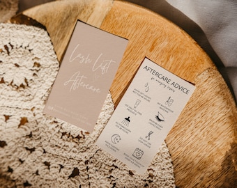 May include: Two cards with instructions for lash aftercare. The first card is beige with the text "Lash List & Aftercare". The second card is white with the text "Aftercare Advice for amazing lashes" and a list of instructions with icons.