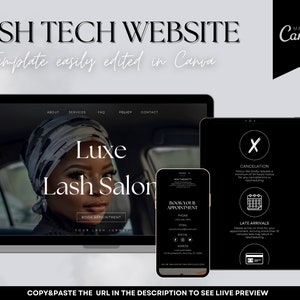 Könnte beinhalten: Ein Mockup einer Website für ein Wimpernsalon namens "Luxe Lash Salon". Die Website ist in Schwarzweiß gestaltet mit einem Foto einer Frau, die ein Kopftuch trägt. Die Website enthält Abschnitte für "Über uns", "Dienstleistungen", "FAQ", "Richtlinien" und "Kontakt". Die Website enthält auch einen "Termin buchen"-Button. Die Website ist einfach in Canva zu bearbeiten.