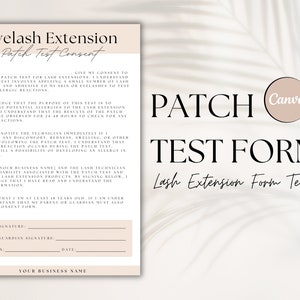 Puede incluir: Un formulario de consentimiento para una prueba de parche para extensiones de pestañas imprimible. El formulario incluye secciones para las firmas del cliente y del tutor, la ubicación y la fecha. El formulario también incluye una exención de responsabilidad sobre posibles reacciones alérgicas y una declaración de liberación de responsabilidad.