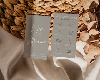 May include: Two gray cards with white text. The first card says "Wax Aftercare" with a heart symbol. The second card says "Aftercare Advice for best results" and has a list of icons and text about aftercare advice.