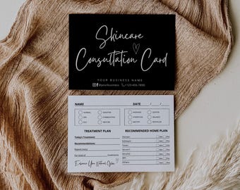 May include: A black and white skincare consultation card with a heart symbol and the text "Skincare Consultation Card". The card also includes the business name, social media handle, and phone number. The back of the card has a form for recording client information, treatment plan, and recommended home care.