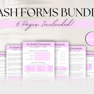May include: A set of six printable lash forms for lash technicians. The forms include a consultation form, a patch test form, a client consent form, a client record chart, and a price list. The forms are designed in a pink and white color scheme with a modern and minimalist aesthetic.