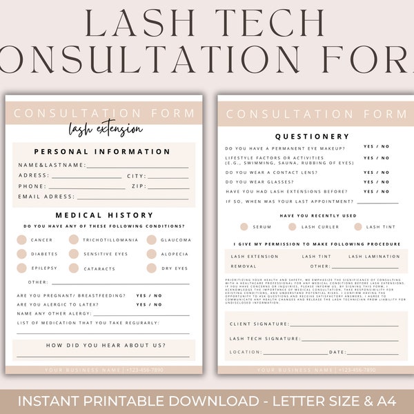 Eyelash Extension Forms Lash Consultation Form Digital Questionnaire Sheets Lash Waiver Form Lash Client Record Esthetician Forms Salon Form