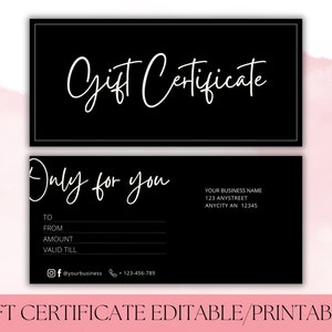 Editable Gift Certificate Template Gift Certificate Template Printable Gift Voucher Small Business Black Gift Card Salon Cerificate Template