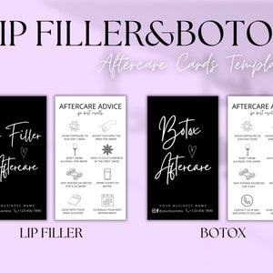 May include: Black and white aftercare cards for lip filler and botox treatments. The cards include instructions for avoiding sun exposure, touching the treated area, drinking alcohol, and intense exercise. They also recommend applying a cold compress, drinking plenty of water, sleeping with your head elevated, and scheduling your next appointment. The cards include the text "Lip Filler Aftercare" and "Botox Aftercare" with a heart symbol.