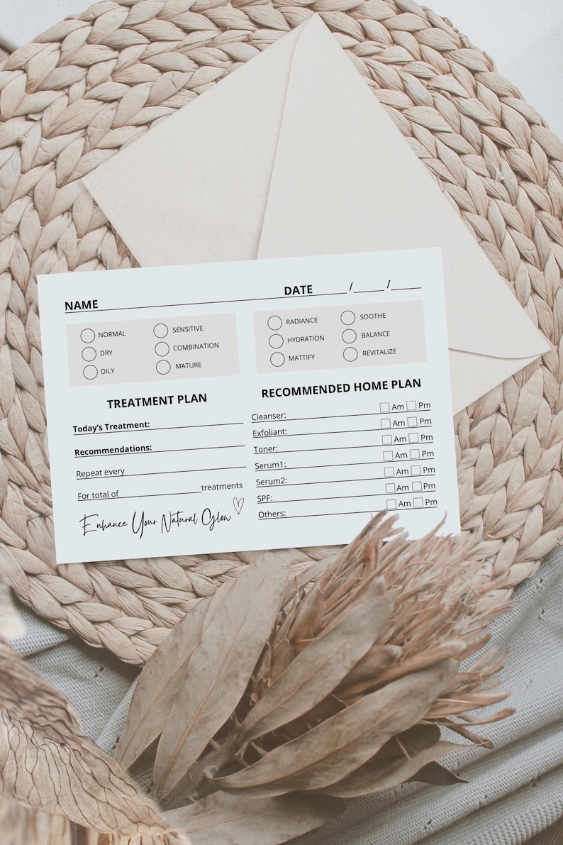 May include: A white printable skincare routine planner with sections for name, date, skin type, treatment plan, and recommended home plan. The planner includes checkboxes for different skin types, skin concerns, and AM/PM routines. The text "Enhance Your Natural Glow" is written at the bottom of the planner.