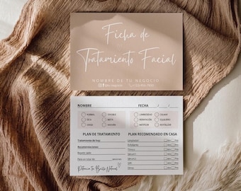 May include: A beige facial treatment record card featuring the text Ficha de Tratamiento Facial, with a secondary white card below containing checkboxes for skin types, treatment plans, and home care routines with labels in Spanish.