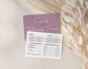 May include: A rectangular mauve card with the white text Ficha de Tratamiento Facial layered over a white form with black text and checkboxes for skin type, treatment plan, and home care recommendations, featuring sections for name and date.