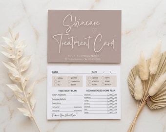 May include: A rectangular skincare treatment card with a taupe background and white text reading Skincare Treatment Card, followed by a white form with sections for name, date, treatment plan, and recommended home plan with checkboxes.
