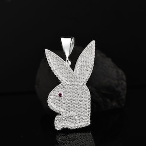 Sterling Silver Playboy Rabbit - Iced Out Silver Playboy Bunny Pendant -  Iced Out Silver Rabbit Jewellery - Rabbit Pendant - Bunny Pendant