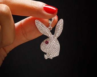 Sterling Silver Playboy Rabbit - Iced Out Silver Playboy Bunny Pendant -  Iced Out Silver Rabbit Jewellery - Rabbit Pendant - Bunny Pendant