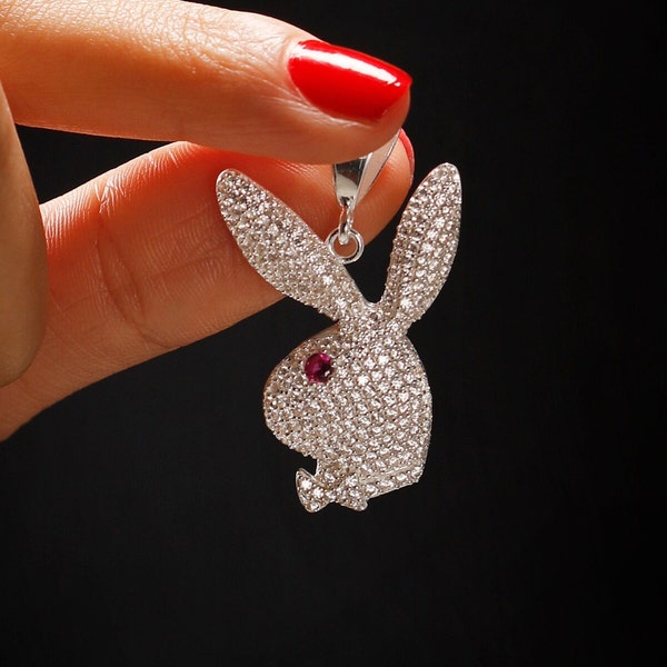 Sterling Silver Playboy Rabbit - Iced Out Silver Playboy Bunny Pendant -  Iced Out Silver Rabbit Jewellery - Rabbit Pendant - Bunny Pendant