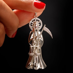 Santa Muerte Pendant – Iced Out Sterling Silver Santa Muerte Pendant - Angel Of Death  - Guardian of Souls Pendant -  Grim Reaper Necklace