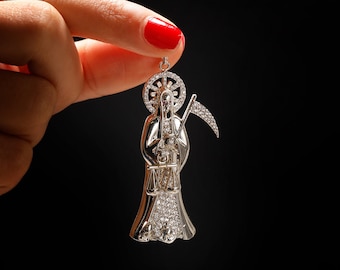 Santa Muerte Pendant – Iced Out Sterling Silver Santa Muerte Pendant - Angel Of Death  - Guardian of Souls Pendant -  Grim Reaper Necklace