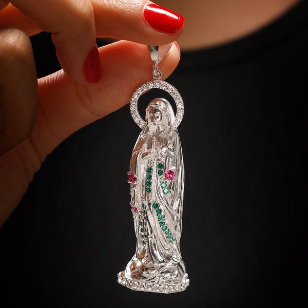 Silver Virgin Mother Mary Necklace -  Real 925 Sterling Silver Virgin Mary  - Iced Out  Silver Virgin Mary