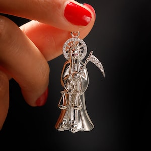 Santa Muerte Pendant – Iced Out Sterling Silver Santa Muerte Pendant - Angel Of Death  - Guardian of Souls Pendant -  Grim Reaper Necklace