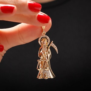 Santa Muerte Pendant – Iced Out Sterling Silver Santa Muerte Pendant - Angel Of Death  - Guardian of Souls Pendant -  Grim Reaper Necklace