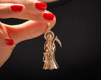Santa Muerte Pendant – Iced Out Sterling Silver Santa Muerte Pendant - Angel Of Death  - Guardian of Souls Pendant -  Grim Reaper Necklace