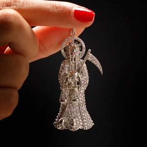 Santa Muerte Pendant – Iced Out Sterling Silver Santa Muerte Pendant - Angel Of Death  - Guardian of Souls Pendant -  Grim Reaper Necklace