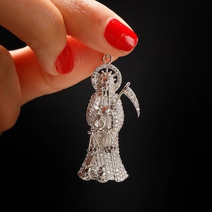 Santa Muerte Pendant – Iced Out Sterling Silver Santa Muerte Pendant - Angel Of Death  - Guardian of Souls Pendant -  Grim Reaper Necklace
