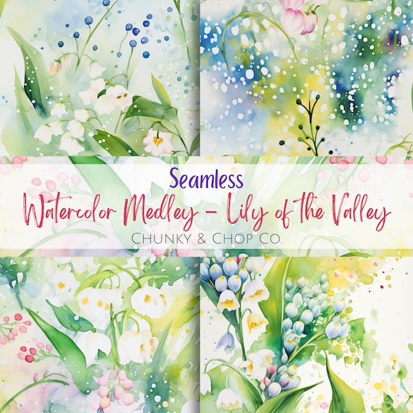 Watercolor Floral Medley Lily of the Valley Digital Paper 1: Spattered Pattern Pack, Seamless Printable Flower Bundle, INSTANT DOWNLOAD
