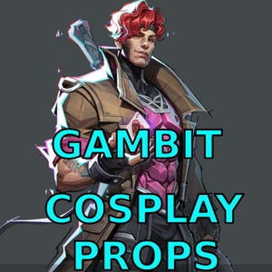 May include: A digital illustration of a character with red hair wearing a brown trench coat over a pink and black armored chest piece. The character holds a playing card in one hand, with glowing blue energy effects and the text GAMBIT COSPLAY PROPS.