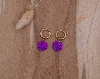 Pendientes de aro con colgante de smiley rosa | Pendiente sonriente | Joyas de acero inoxidable | Impermeable | Oro | regalo para ella