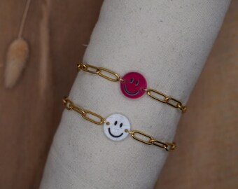 Smiley Armband aus Edelstahlgliederkette| Büroklammerkette | Pink | Weiß | Edelstahlschmuck | wasserfest | Geschenk für Sie