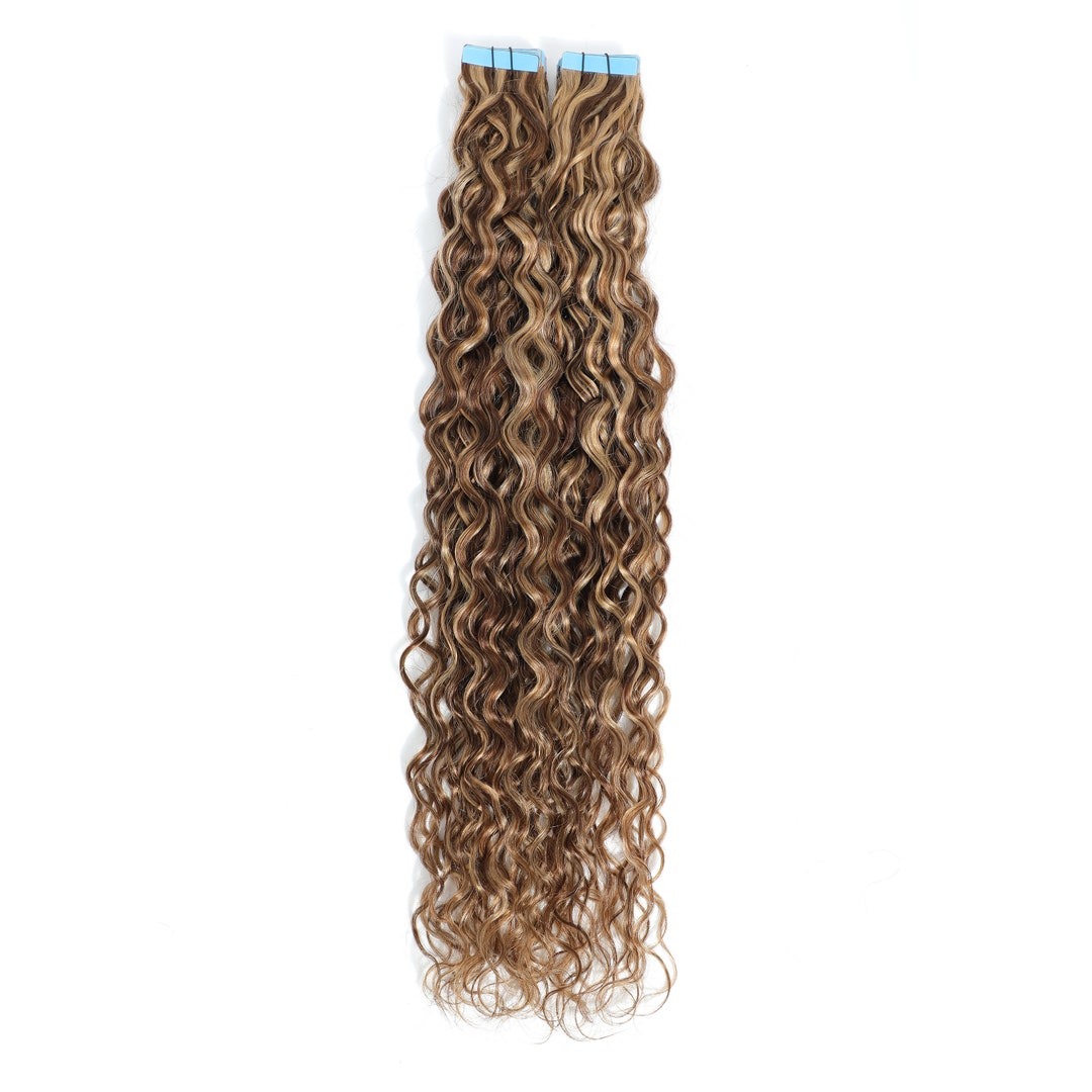 Curly Tape Human Hair Extensions 3b 4/27 Chestnut Brown & Bronzed