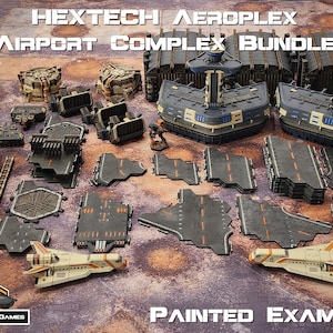 Puede incluir: Un ejemplo pintado de un conjunto Hextech Aeroplex Airport Complex Bundle, un conjunto de edificios en miniatura y piezas de terreno con temática de ciencia ficción para juegos de mesa. El conjunto incluye un gran edificio central con una torre, edificios más pequeños y varias piezas de pista y plataforma de aterrizaje.