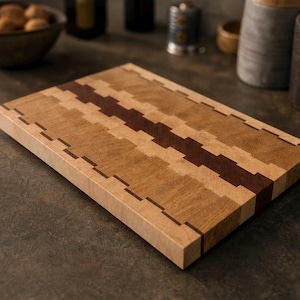 Könnte beinhalten: Rechteckiges Holzschneidebrett mit geometrischem Design. Das Brett hat abwechselnd helle und dunkelbraune Holzabschnitte, die ein Streifenmuster bilden. Das Brett ist etwa 30 cm lang und 20 cm breit.