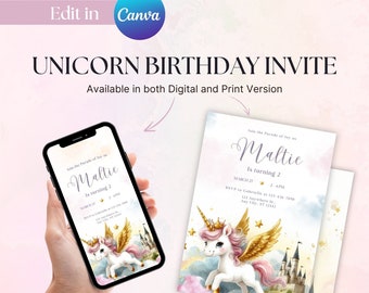 Unicorn Birthday Invitation, Personalized Invite for Girls, UnicornParty Theme, Editable 1st B-day Card,Girl First Birthday Unicorne,Rainbow