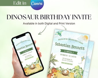 Invitation d’anniversaire de dinosaure, invitation personnalisée pour garçons-filles, thème de fête Dino b-day, modèle de fête Dino modifiable inviter Instant Digital