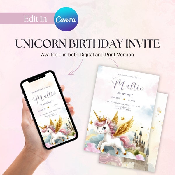 Unicorn Birthday Invitation, Personalized Invite for Girls, UnicornParty Theme, Editable 1st B-day Card,Girl First Birthday Unicorne,Rainbow