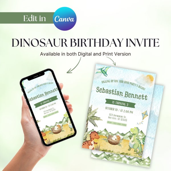 Dinosaur birthday invitation, Personalized invite for boys-girls,Dino b-day party theme, Editable Dino Party Template Invite Instant Digital