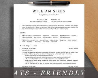 Può includere: Un modello di curriculum vitae in bianco e nero con il nome "William Sikes" in alto. Il curriculum vitae include una sezione per le competenze, l'esperienza lavorativa e una sezione per una dichiarazione personale. Il testo "ATS Friendly" è in fondo alla pagina.