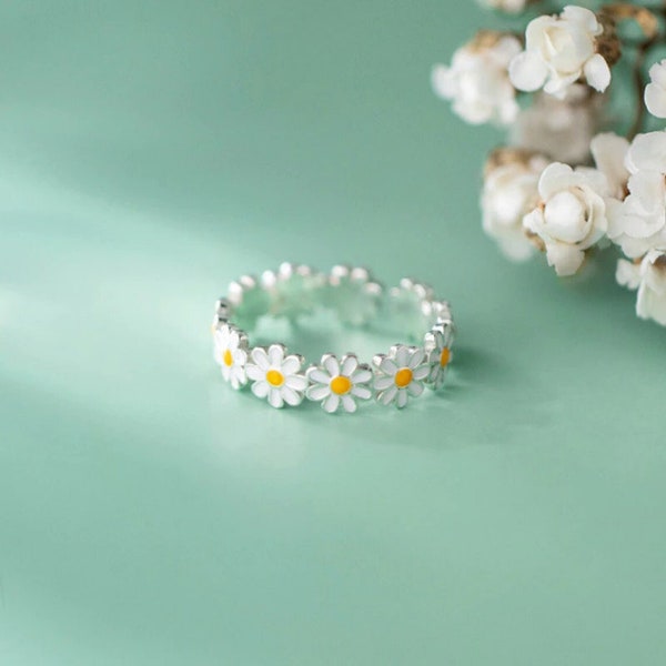 Bague marguerite en argent réglable | Jolie bague fleur en argent et or | Anneau fantaisiste Dainty Daisy | Bague d'éternité pour femme | Cadeau pour elle