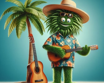 An image of a palm tree wearing a Hawaiian shirt, beach hat and playing guitar