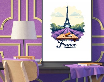 Eiffel Tower Wall Art: French Countryside Scene - Lavender & Baguette