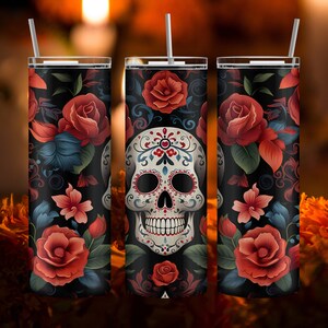 Dia De Los Muertos Tumbler | Sugar Skull Roses | Mexican Halloween & Day of the Dead Gift | Colored Skull Coffee Cup